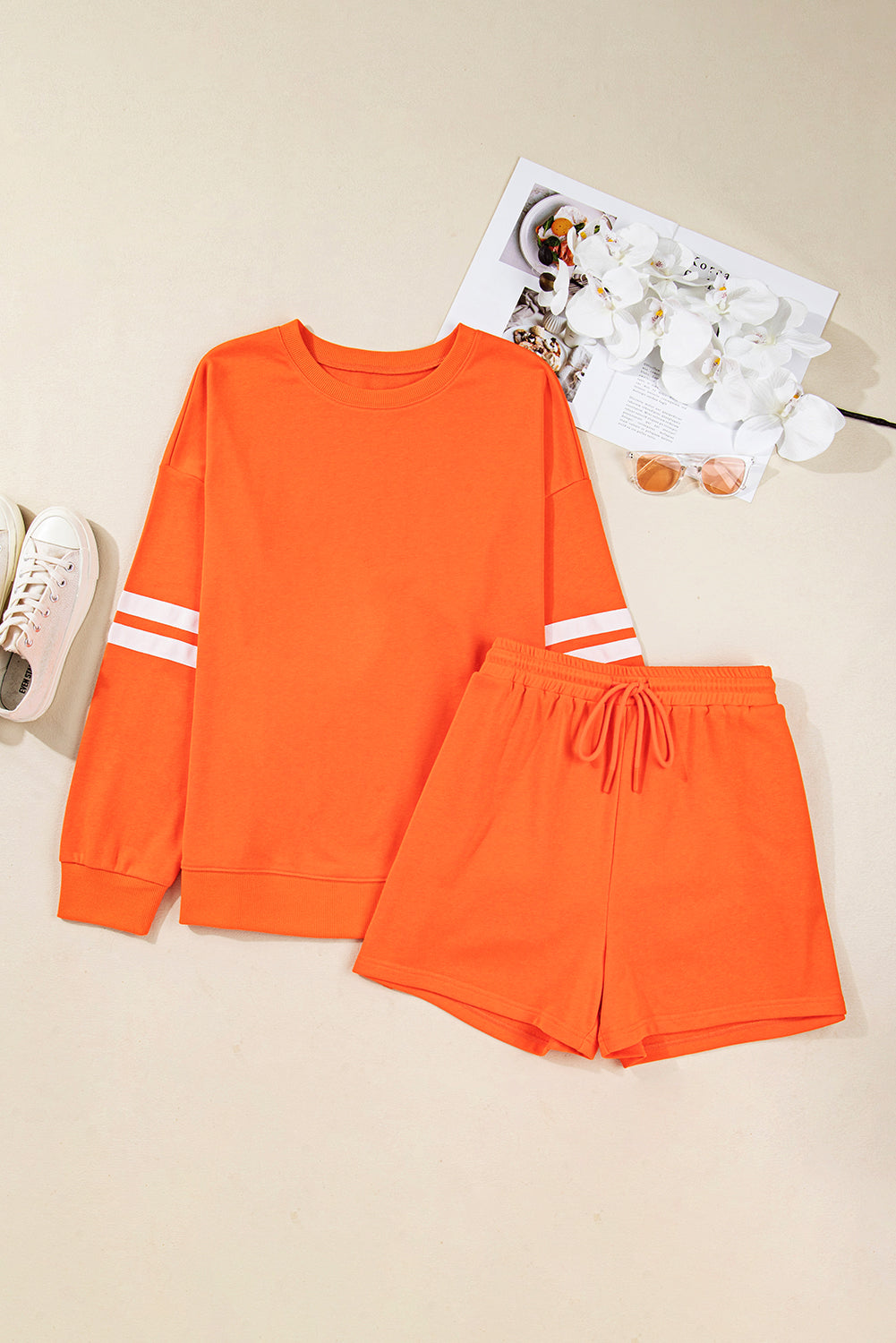 Orange Plus Size Varsity Striped Drop Shoulder Shorts Set Dear-Lover Dropshipping